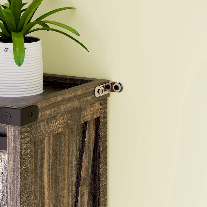 Meuble de rangement WC blanc/marron avec porte coulissante type grange, montage par 1 personne