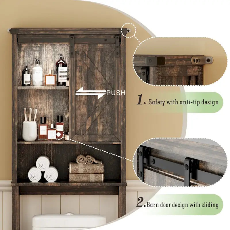 Meuble de rangement WC blanc/marron avec porte coulissante type grange, montage par 1 personne