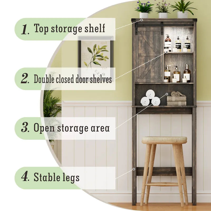Meuble de rangement WC blanc/marron avec porte coulissante type grange, montage par 1 personne