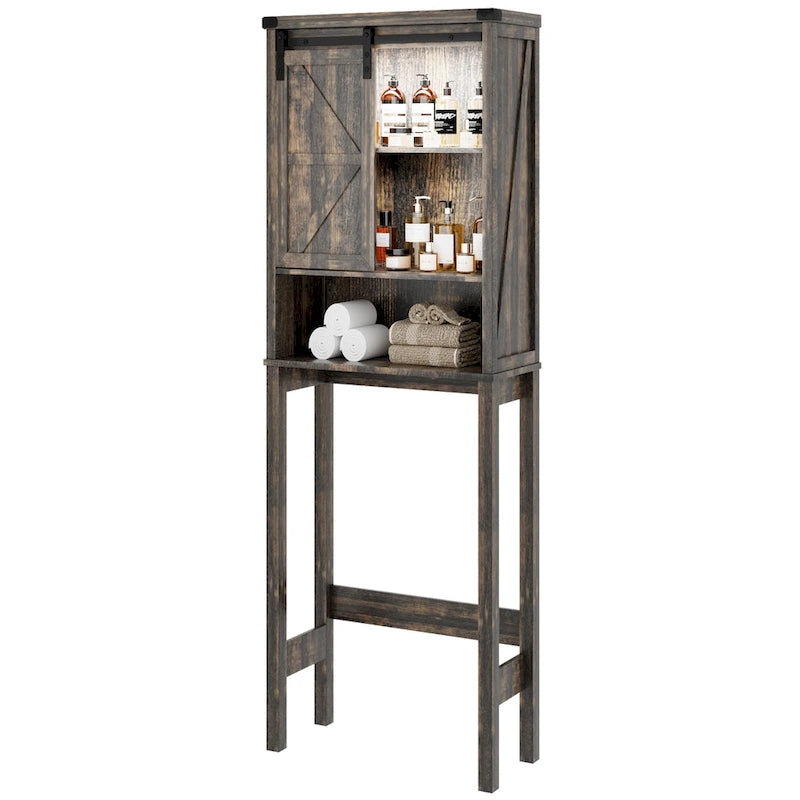 Meuble de rangement WC blanc/marron avec porte coulissante type grange, montage par 1 personne