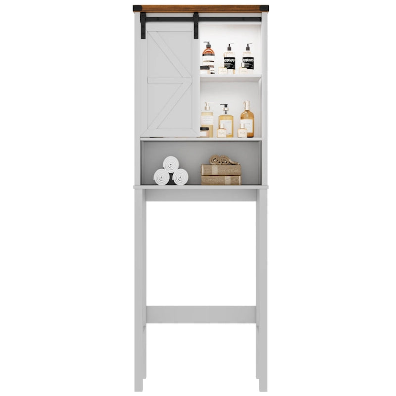 Meuble de rangement WC blanc/marron avec porte coulissante type grange, montage par 1 personne