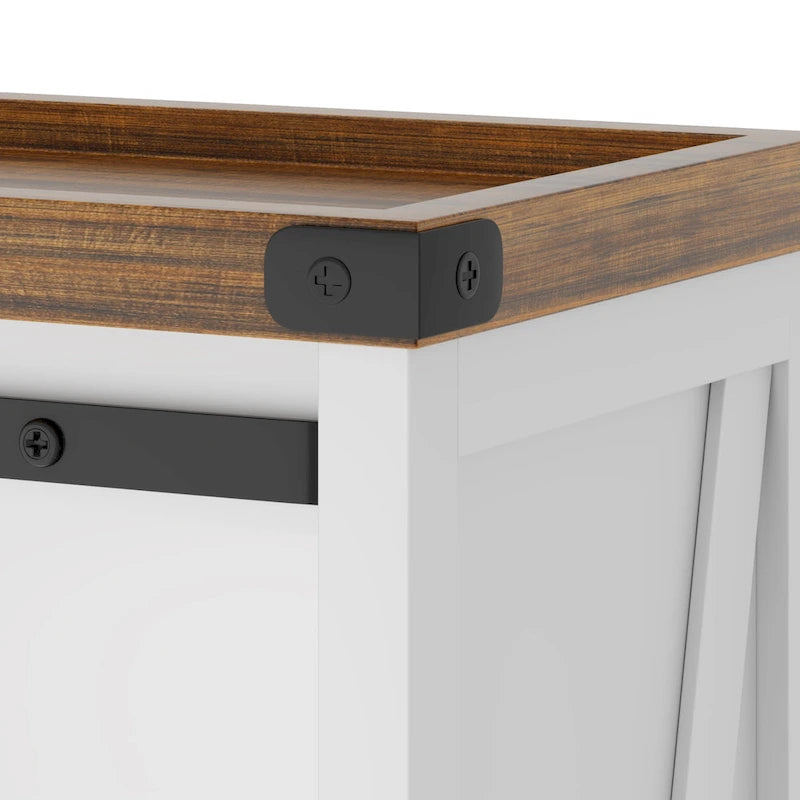 Meuble de rangement WC blanc/marron avec porte coulissante type grange, montage par 1 personne