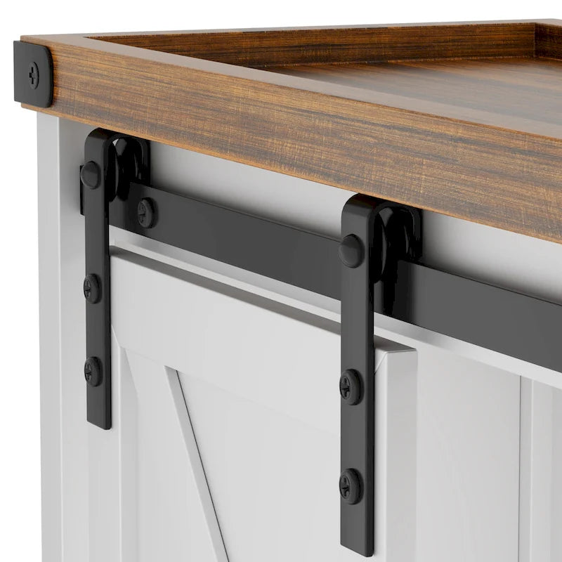 Meuble de rangement WC blanc/marron avec porte coulissante type grange, montage par 1 personne