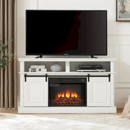 Meuble TV blanc antique de 58 po avec portes coulissantes et rangement, convient aux téléviseurs jusqu'à 65 po