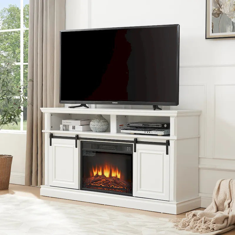 Meuble TV blanc antique de 58 po avec portes coulissantes et rangement, convient aux téléviseurs jusqu'à 65 po