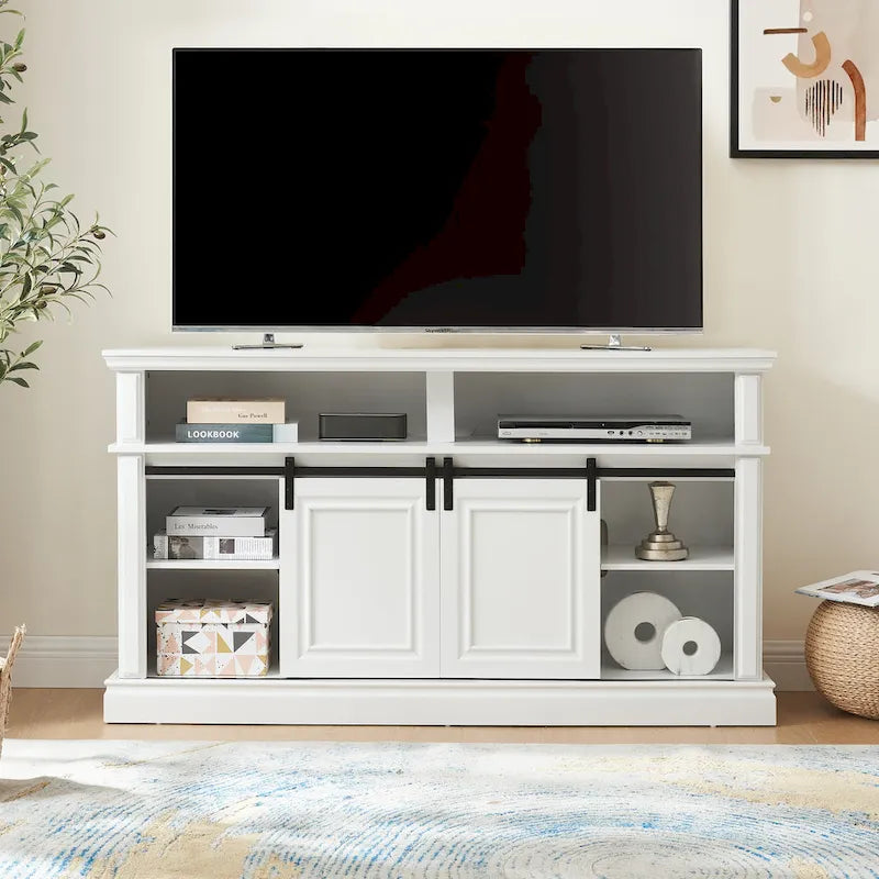 Meuble TV blanc antique de 58 po avec portes coulissantes et rangement, convient aux téléviseurs jusqu'à 65 po