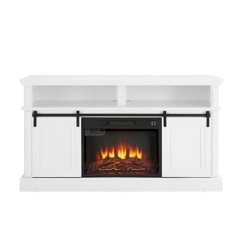 Meuble TV blanc antique de 58 po avec portes coulissantes et rangement, convient aux téléviseurs jusqu'à 65 po