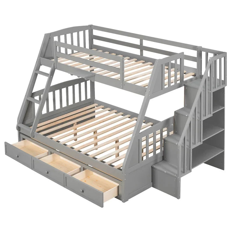 Lit superposé double/grand double gris/expresso/blanc avec escalier et tiroirs, 2 personnes