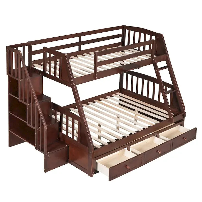 Lit superposé double/grand double gris/expresso/blanc avec escalier et tiroirs, 2 personnes