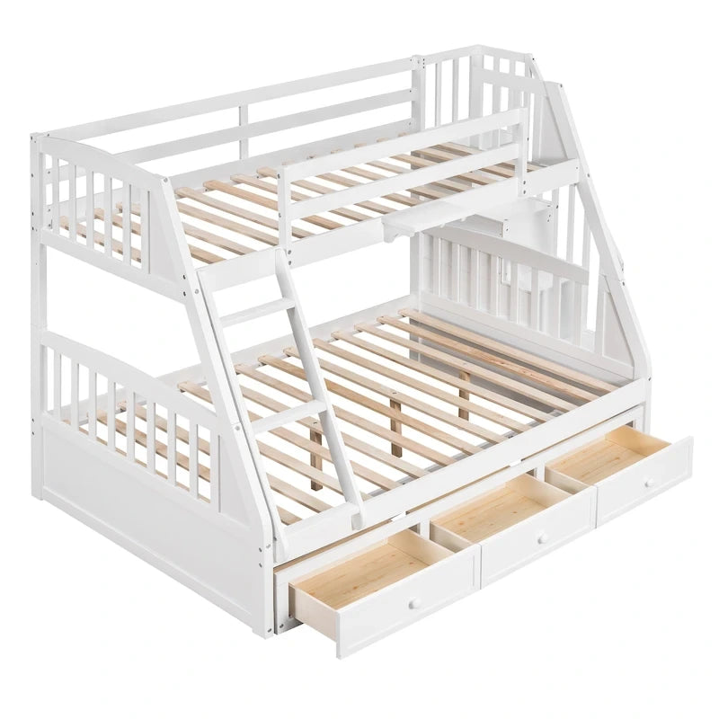 Lit superposé double/grand double gris/expresso/blanc avec escalier et tiroirs, 2 personnes