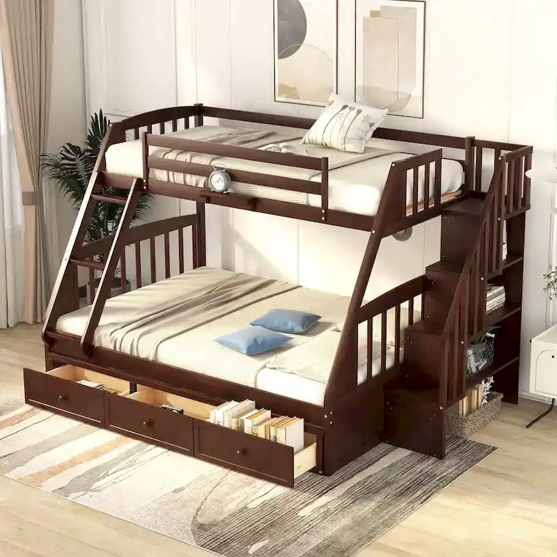 Lit superposé double/grand double gris/expresso/blanc avec escalier et tiroirs, 2 personnes