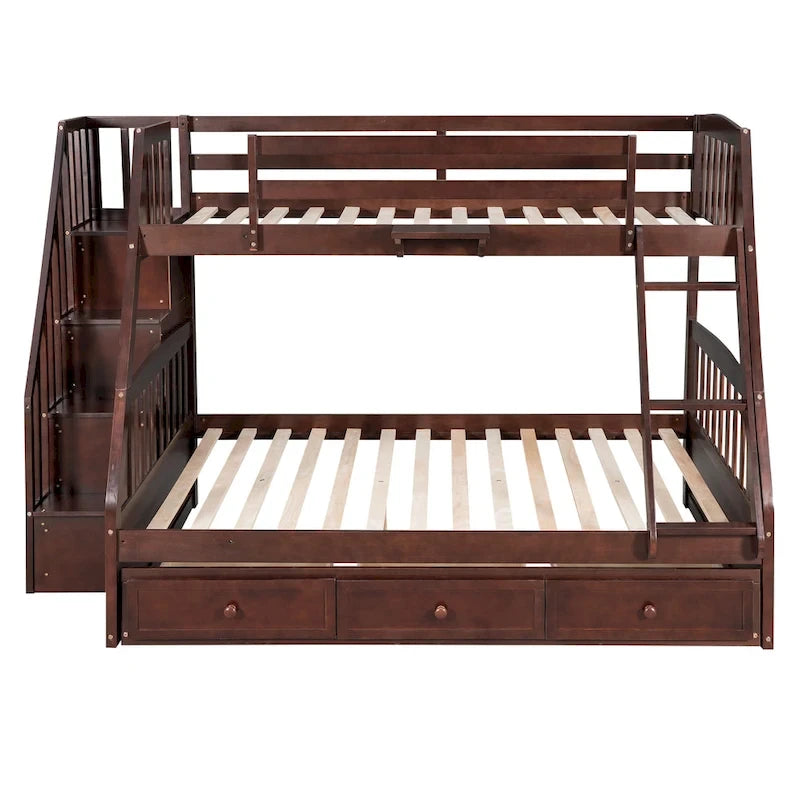 Lit superposé double/grand double gris/expresso/blanc avec escalier et tiroirs, 2 personnes
