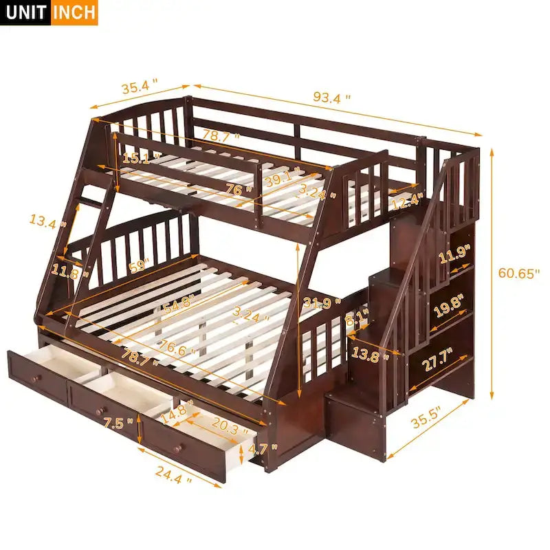 Lit superposé double/grand double gris/expresso/blanc avec escalier et tiroirs, 2 personnes