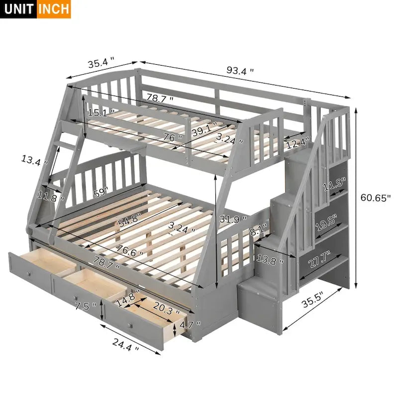 Lit superposé double/grand double gris/expresso/blanc avec escalier et tiroirs, 2 personnes