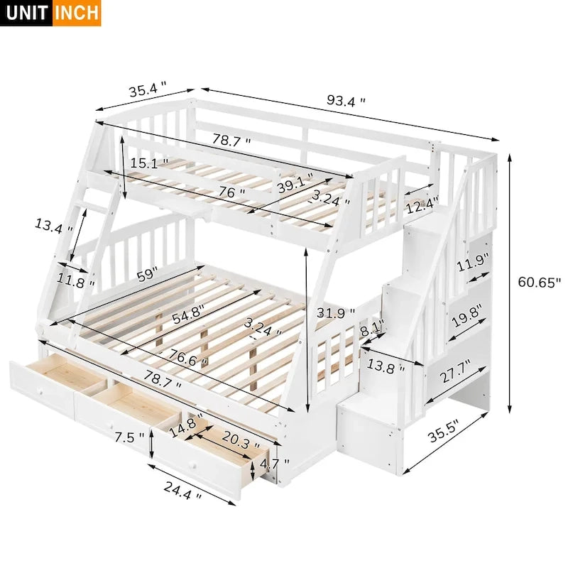 Lit superposé double/grand double gris/expresso/blanc avec escalier et tiroirs, 2 personnes
