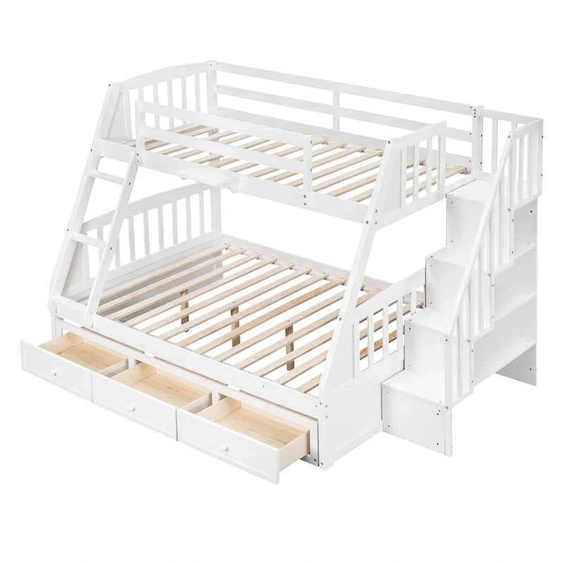 Lit superposé double/grand double gris/expresso/blanc avec escalier et tiroirs, 2 personnes