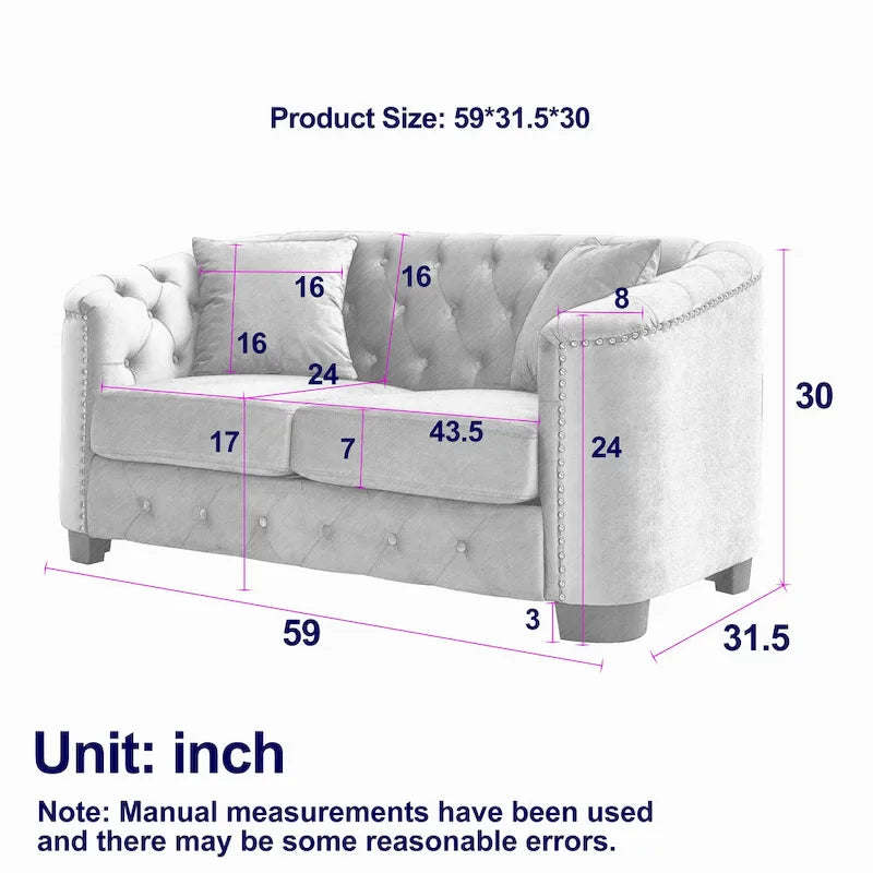 Canapé 2 places chesterfield en velours gris avec cloutage