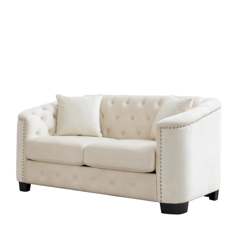 Canapé 2 places chesterfield en velours gris avec cloutage