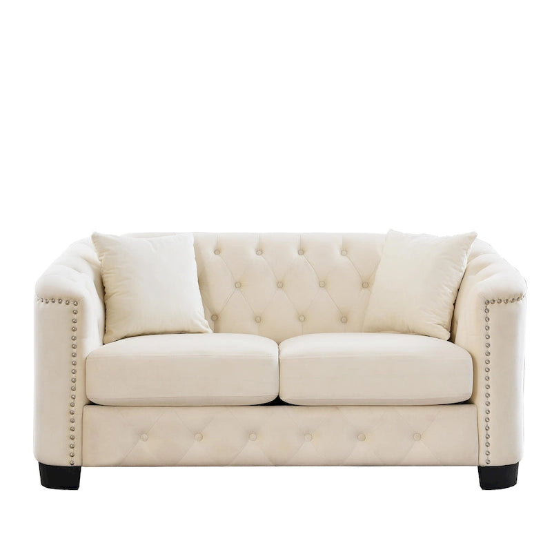 Canapé 2 places chesterfield en velours gris avec cloutage