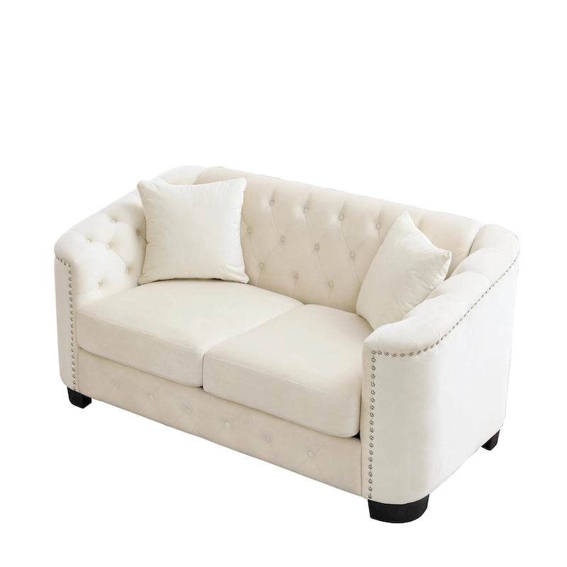 Canapé 2 places chesterfield en velours gris avec cloutage