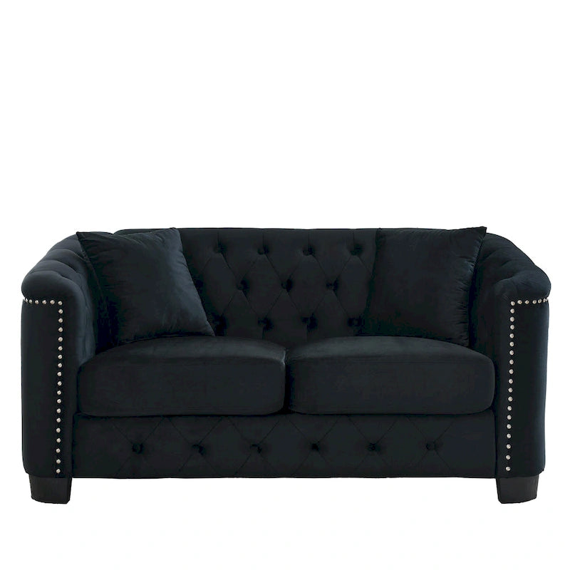 Canapé 2 places chesterfield en velours gris avec cloutage