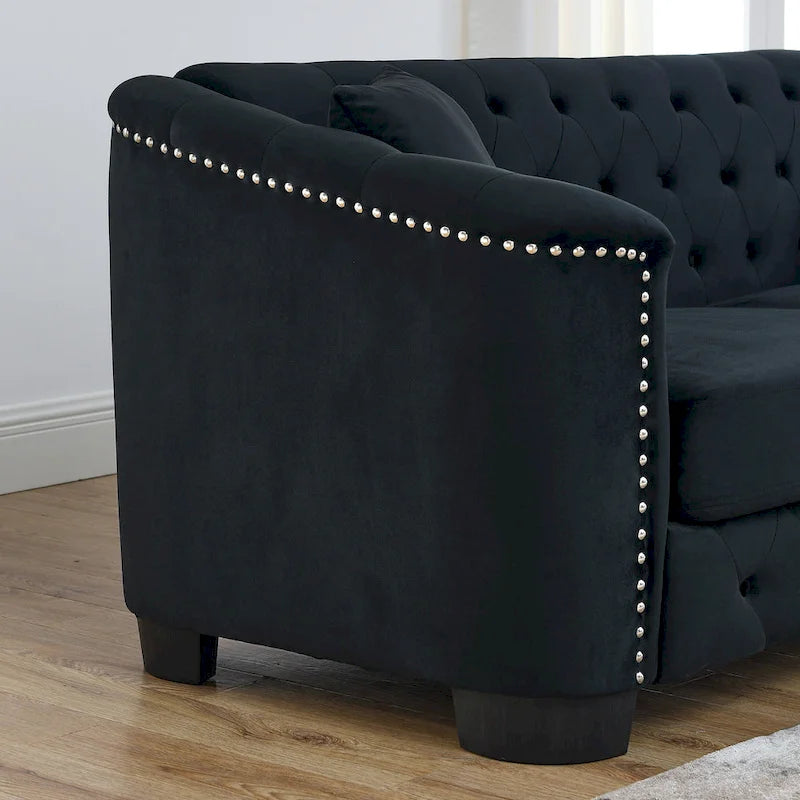 Canapé 2 places chesterfield en velours gris avec cloutage