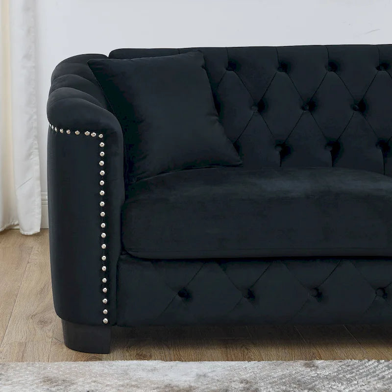 Canapé 2 places chesterfield en velours gris avec cloutage