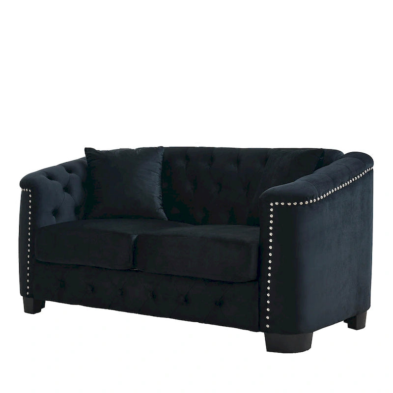 Canapé 2 places chesterfield en velours gris avec cloutage