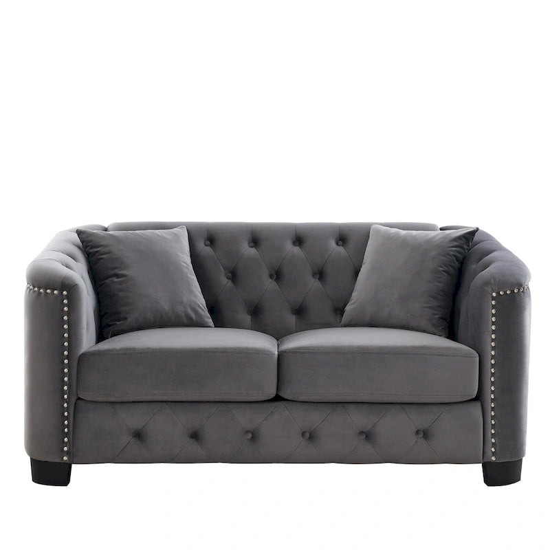 Canapé 2 places chesterfield en velours gris avec cloutage