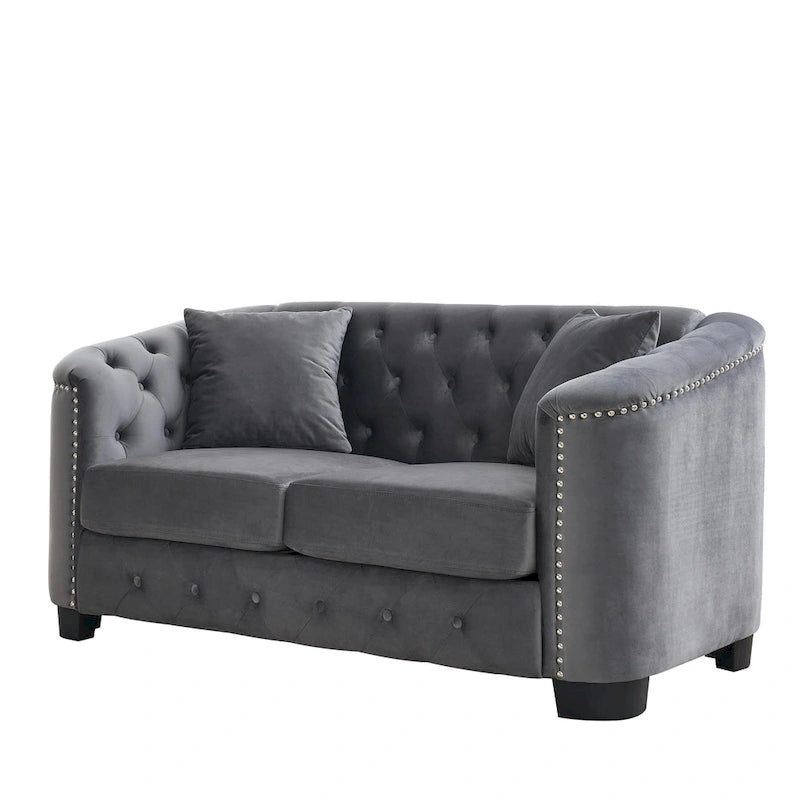 Canapé 2 places chesterfield en velours gris avec cloutage
