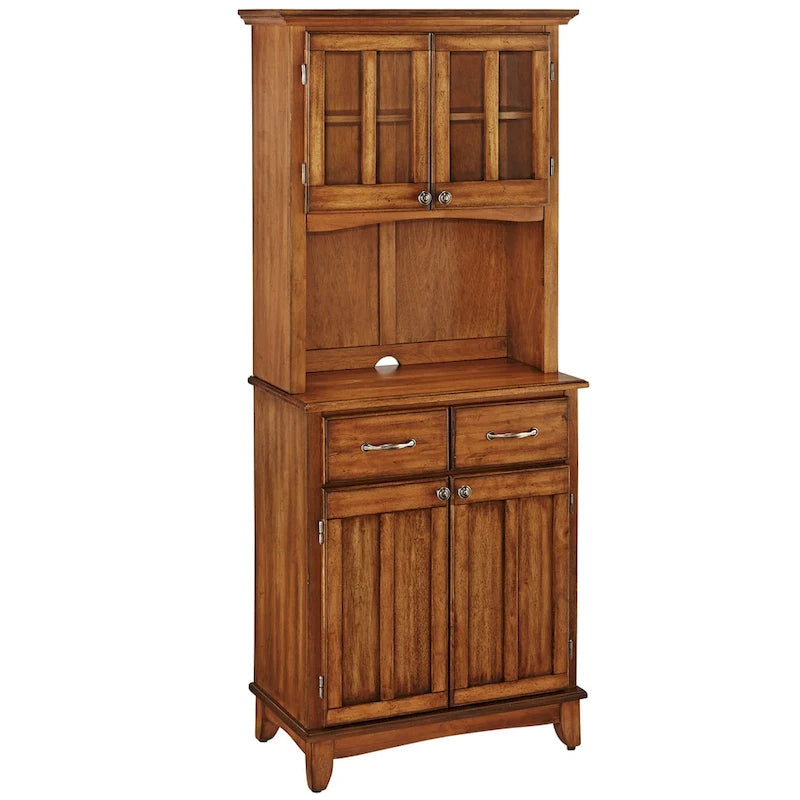Buffet de rangement en bois finition chêne avec portes vitrées, assemblage par 1 personne