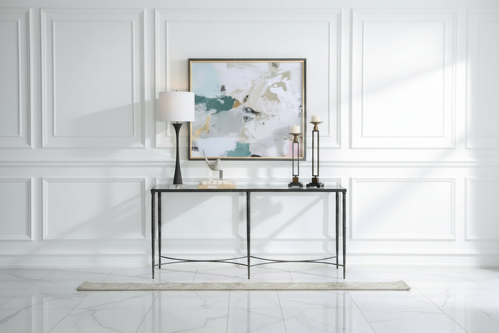 Console en fer noir et verre trempé, simple, 63L x 30H x 14P