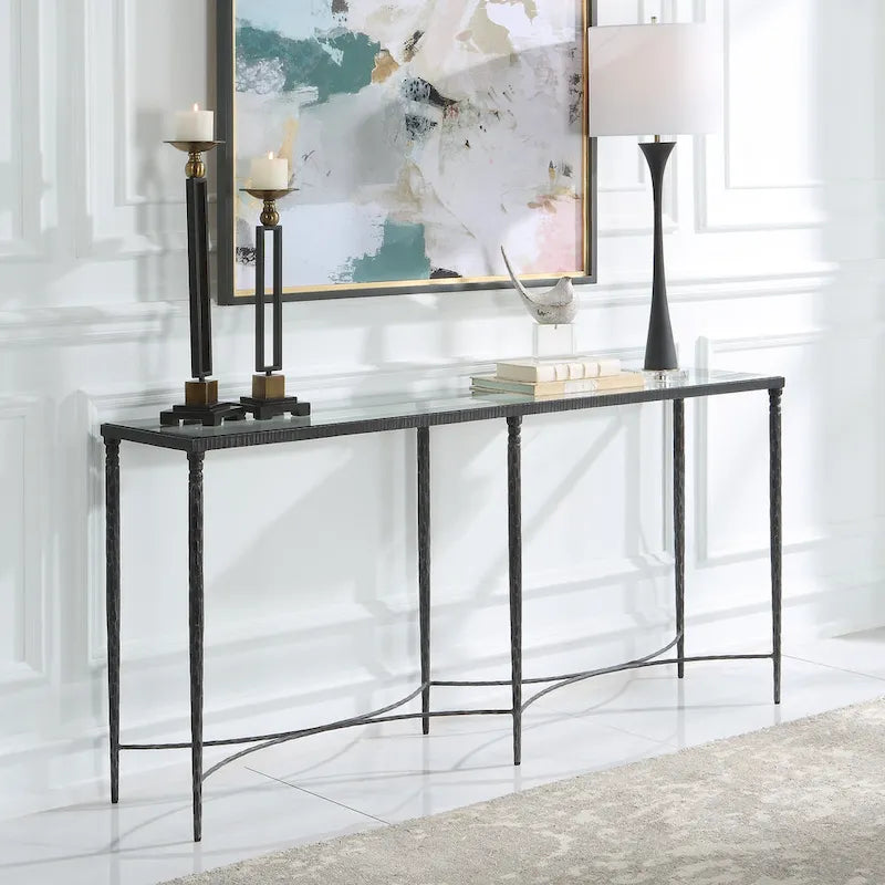 Console en fer noir et verre trempé, simple, 63L x 30H x 14P