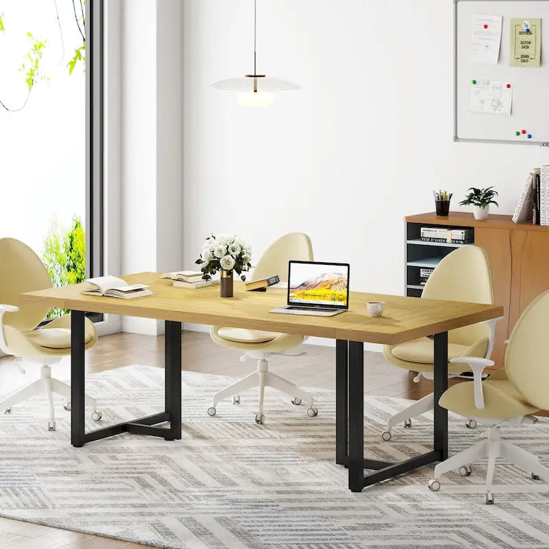 Bureau d'ordinateur rectangulaire de 70,9 po, érable/blanc/marron, pieds en métal, pour une personne