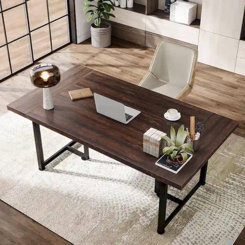 Bureau d'ordinateur rectangulaire de 70,9 po, érable/blanc/marron, pieds en métal, pour une personne