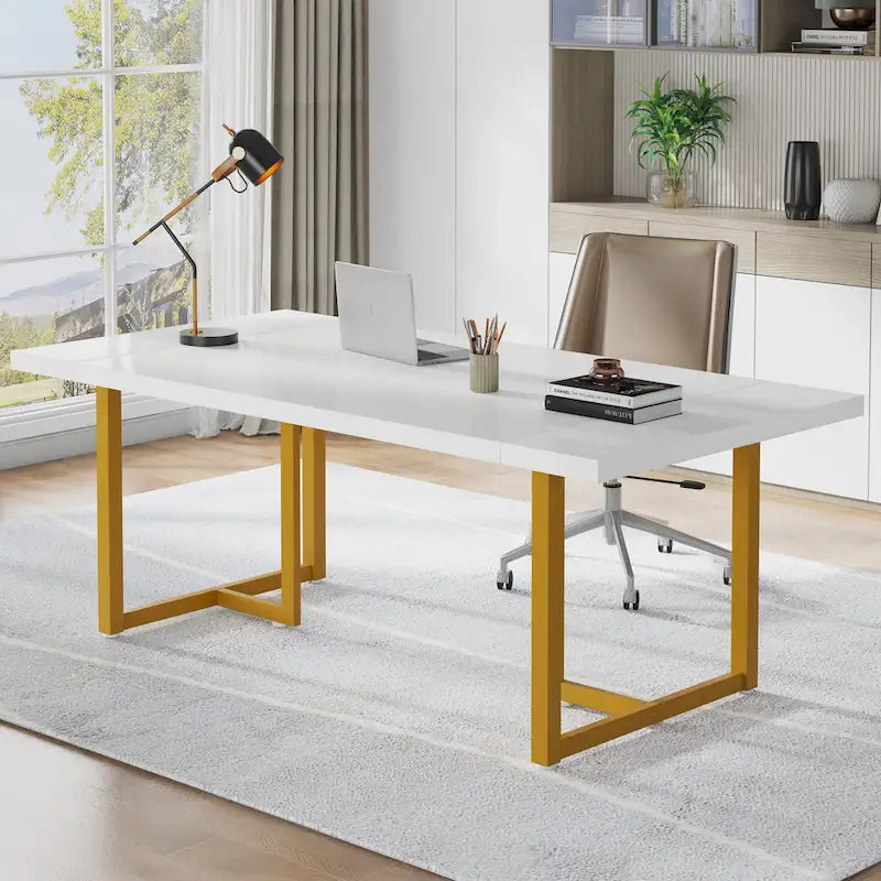 Bureau d'ordinateur rectangulaire de 70,9 po, érable/blanc/marron, pieds en métal, pour une personne
