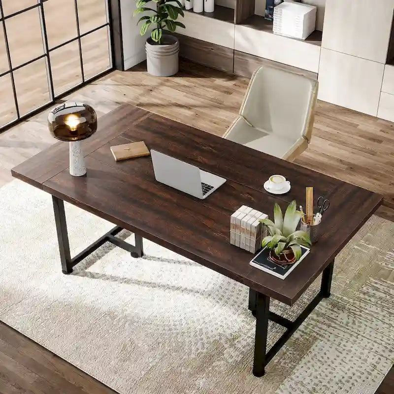 Bureau d'ordinateur rectangulaire de 70,9 po, érable/blanc/marron, pieds en métal, pour une personne