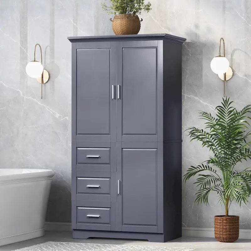 Meuble haut de rangement gris/blanc avec portes et tiroirs, simple
