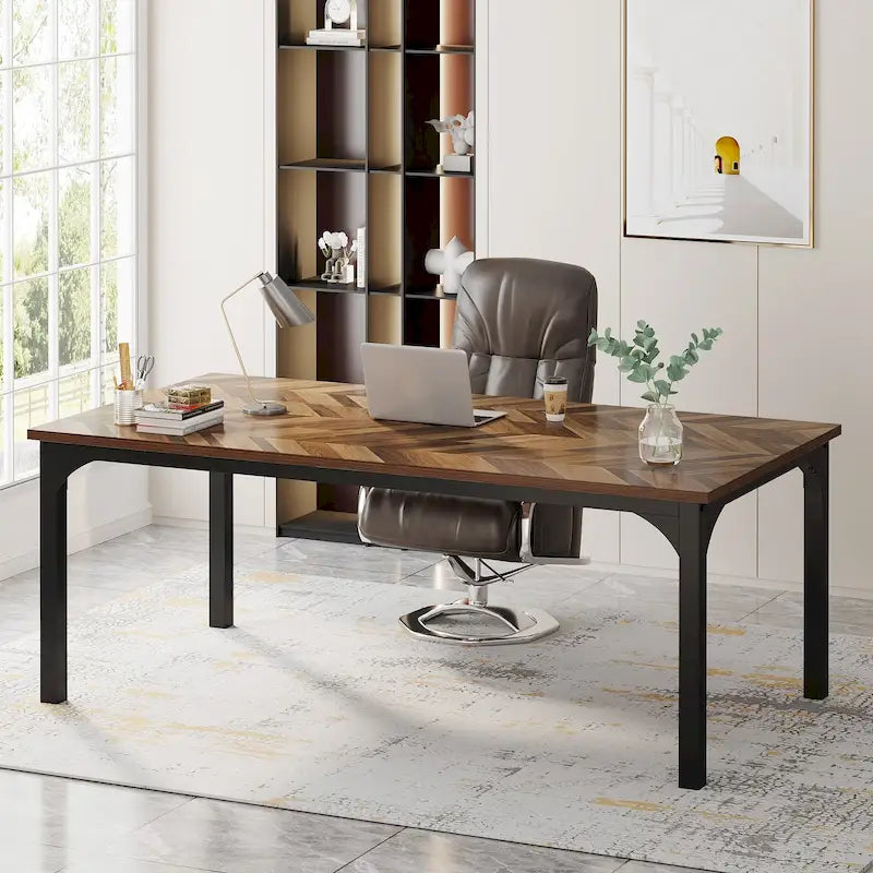 Grand bureau marron/gris, bureau d'ordinateur pour une personne