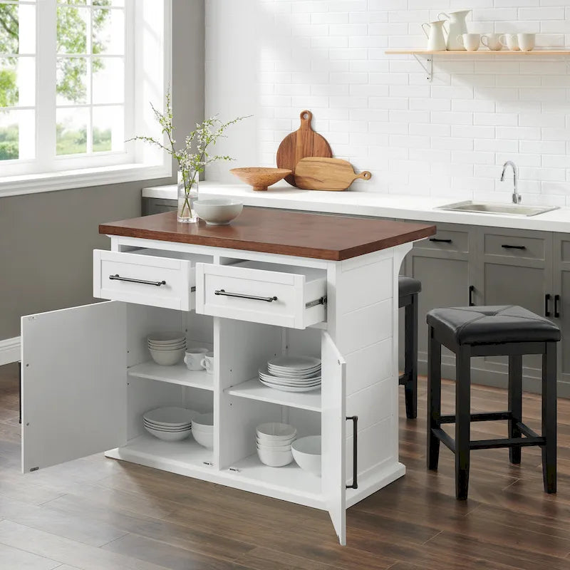 Îlot de cuisine en bois blanc avec tabourets, 2 personnes