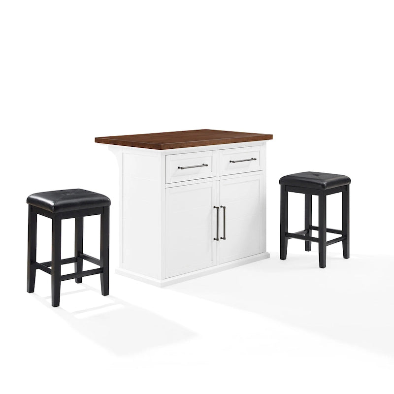 Îlot de cuisine en bois blanc avec tabourets, 2 personnes