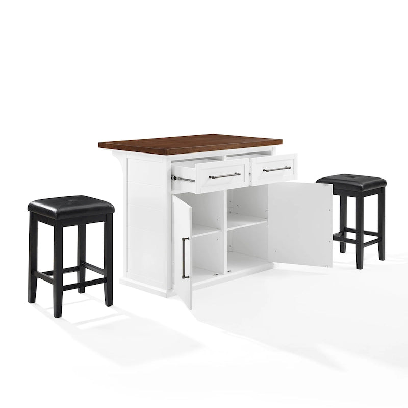 Îlot de cuisine en bois blanc avec tabourets, 2 personnes