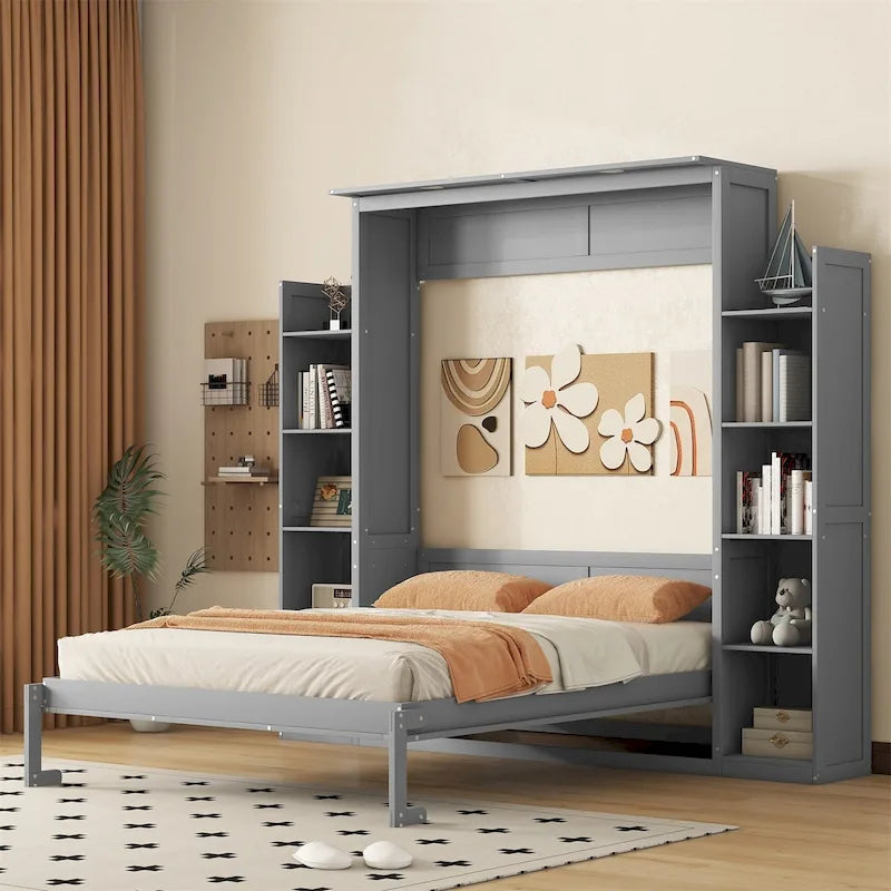 Lit mural escamotable Queen blanc/gris avec armoires latérales et LED, couchage simple
