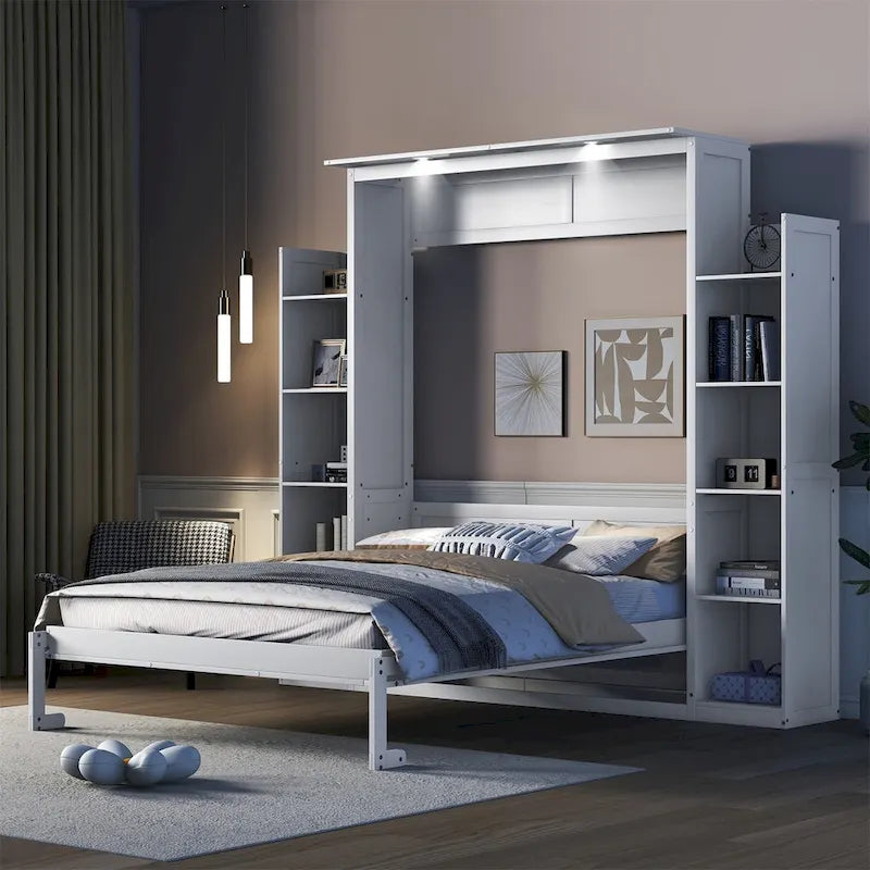 Lit mural escamotable Queen blanc/gris avec armoires latérales et LED, couchage simple