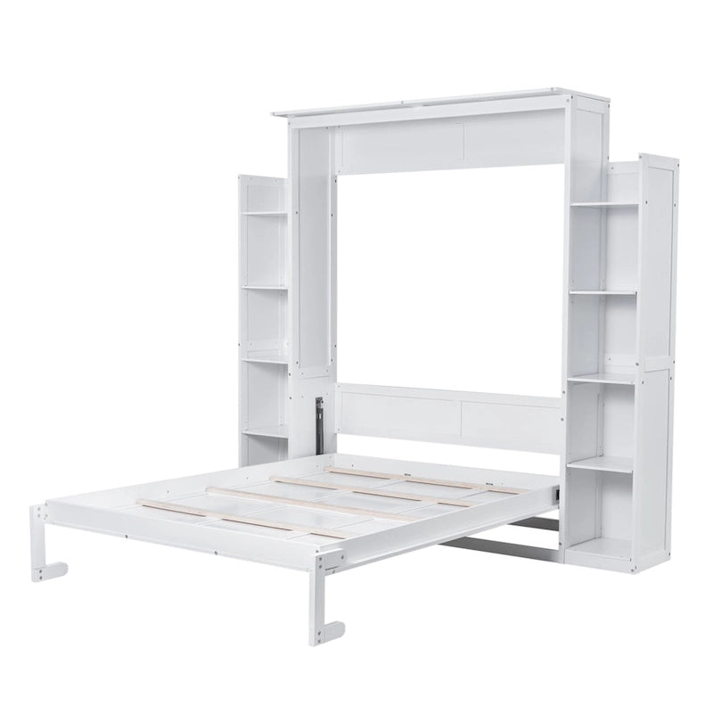 Lit mural escamotable Queen blanc/gris avec armoires latérales et LED, couchage simple
