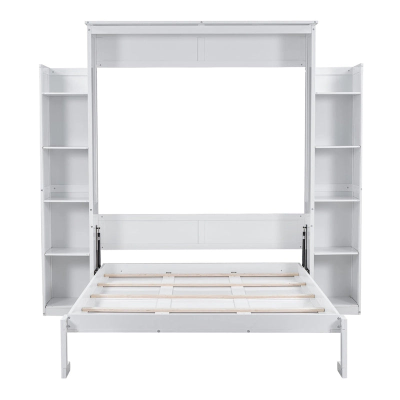Lit mural escamotable Queen blanc/gris avec armoires latérales et LED, couchage simple