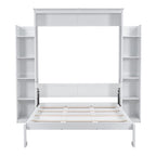 Lit mural escamotable Queen blanc/gris avec armoires latérales et LED, couchage simple