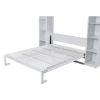 Lit mural escamotable Queen blanc/gris avec armoires latérales et LED, couchage simple