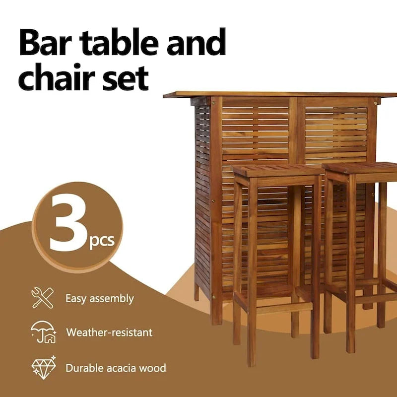 Ensemble de bar rustique marron pour 2 personnes, bois d'acacia massif, 3 pièces