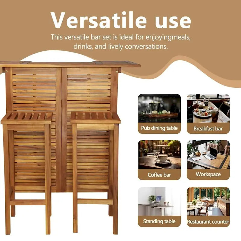 Ensemble de bar rustique marron pour 2 personnes, bois d'acacia massif, 3 pièces
